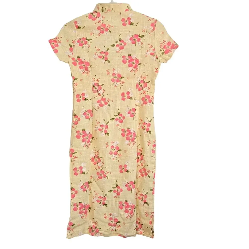 Authentic Chinese Qipao Floral Linen Blend Mandarin Collar Cottagecore Dress L